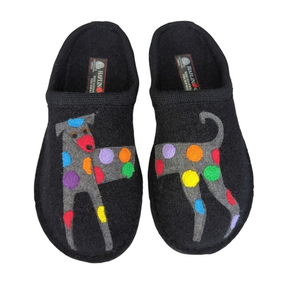 Haflinger Jack Doggy Wool Slippers Women's Black Dog Design EU 40 US 9 Cozy Warm - Picture 1 of 8